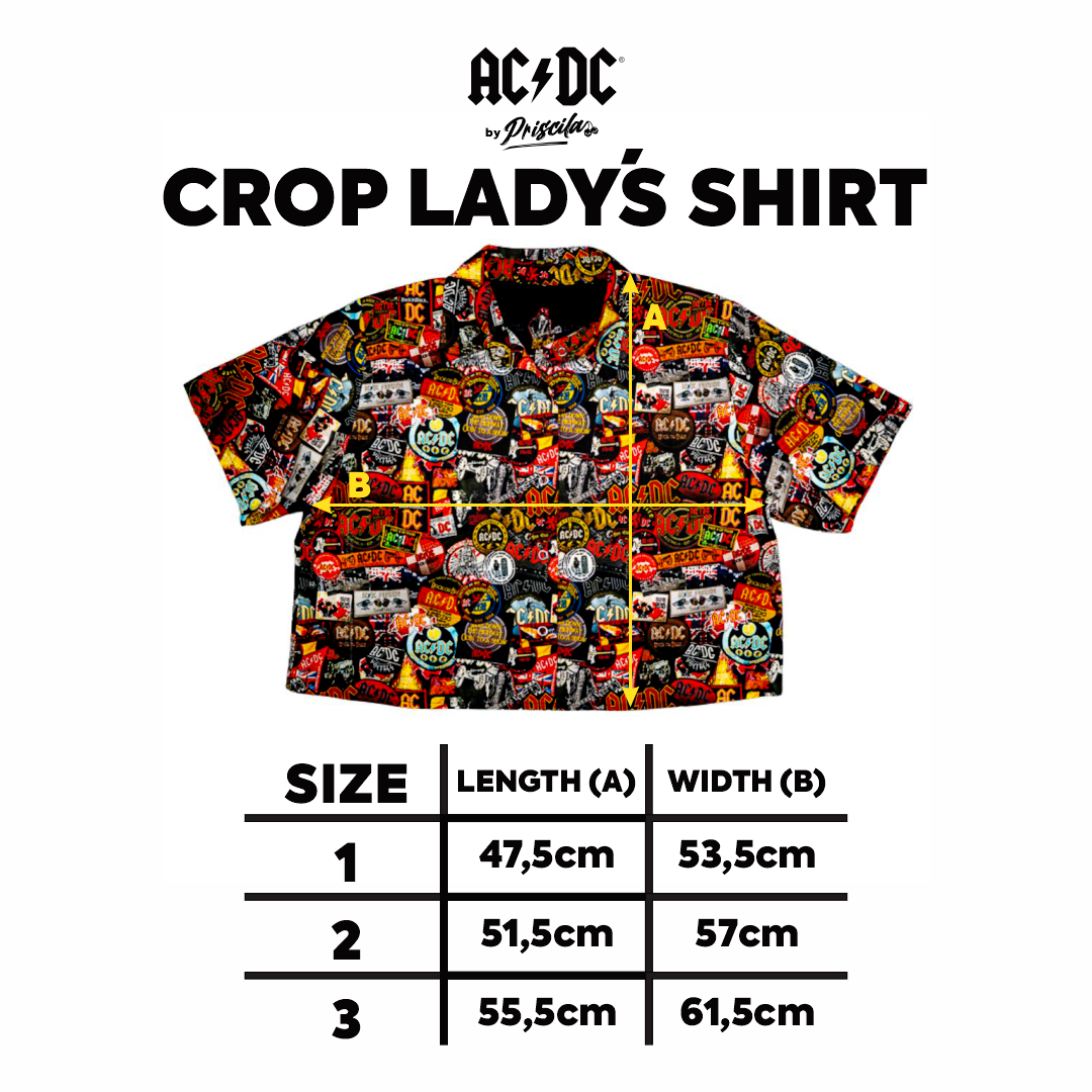 Size chart for a high-quality crop top from AC/DC. It is printed with lots of AC/DC patches. Not cheap merchandise, but high quality.