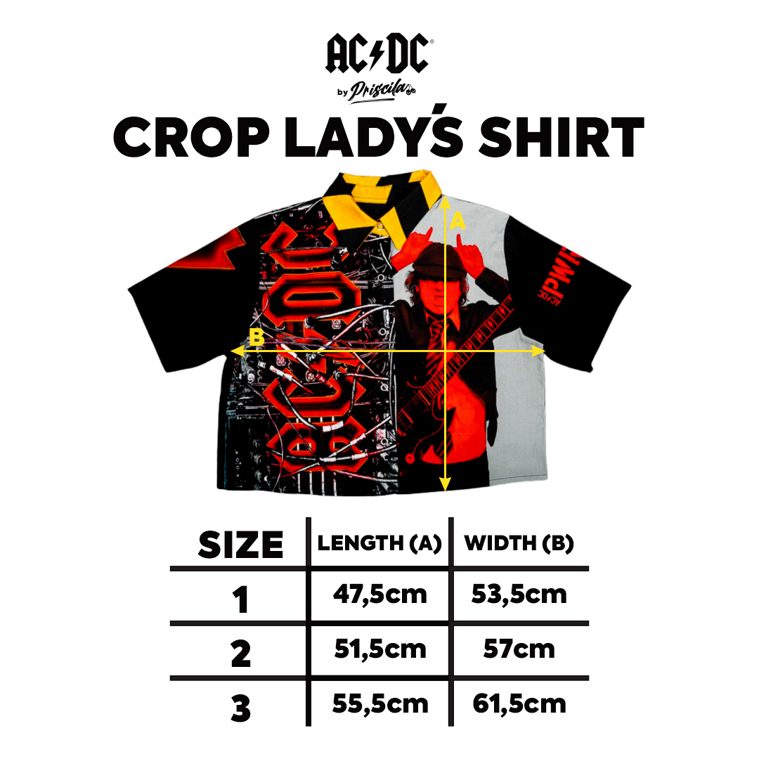 Size chart for a high-quality crop top from AC/DC. This one has a PWR/UP style print. Not cheap merch, but high quality.