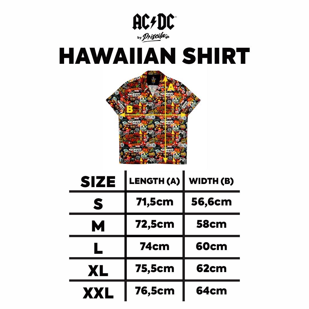 Size chart for a high-quality shirt from AC/DC. It is printed with lots of AC/DC patches. Not cheap merchandise, but high quality.