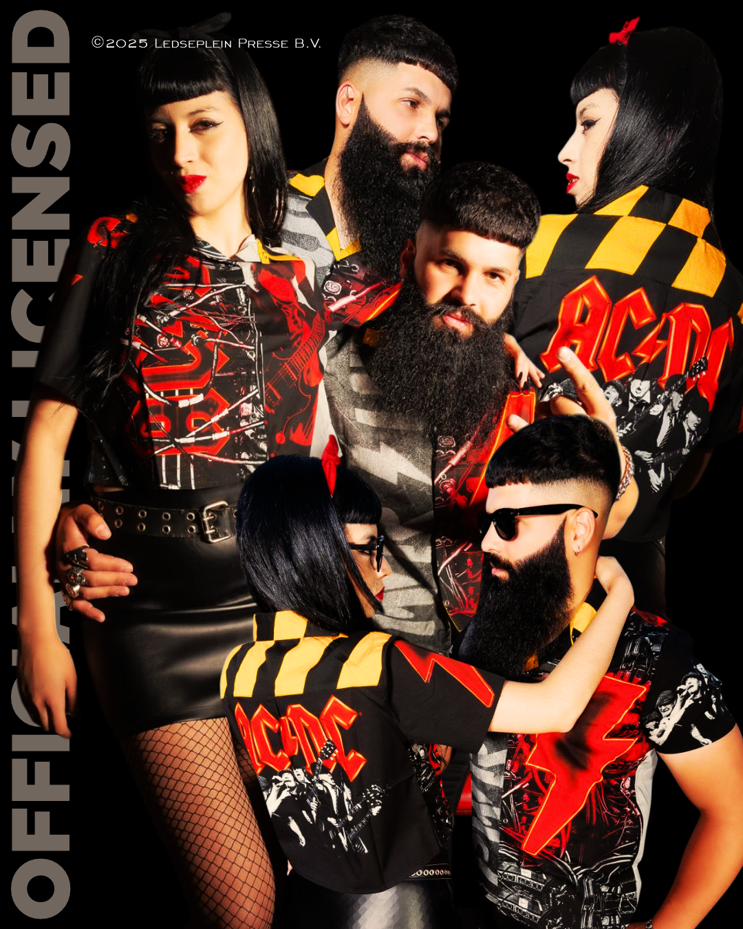 Models wear an AC/DC PWR/UP shirt and crop tops.