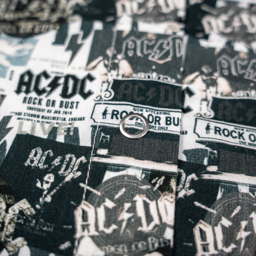 Close-up of a high-quality crop top from AC/DC Rock or Bust. Not cheap merchandise, but high quality. 