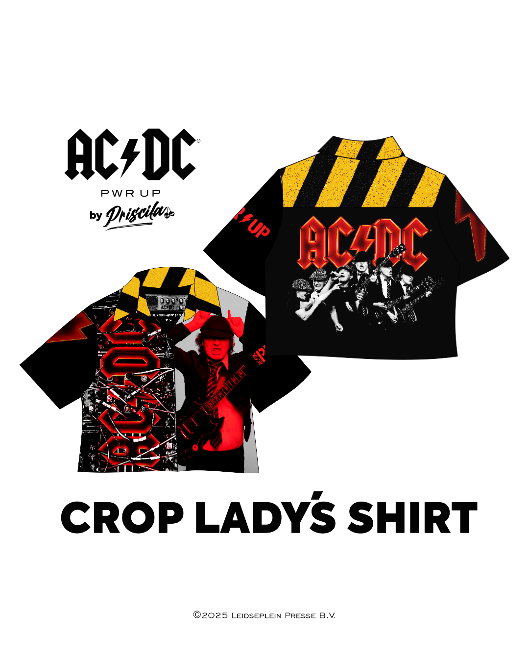 Visualization of a high-quality crop top from AC/DC. It features a PWR/UP style print. Not cheap merchandise, but high quality. 