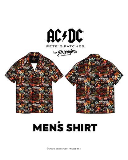 Visualization of a high-quality shirt from AC/DC. It is printed with many AC/DC patches. Not cheap merchandise, but high quality. 