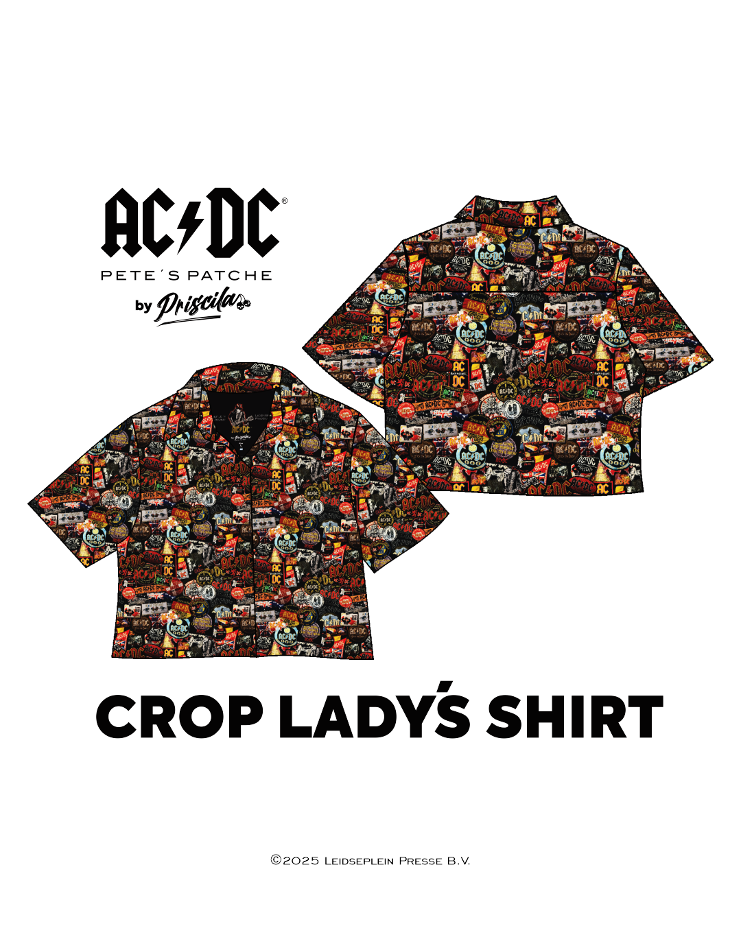 Visualization of a high-quality crop top from AC/DC. It is printed with many AC/DC patches. Not cheap merchandise, but high quality. 
