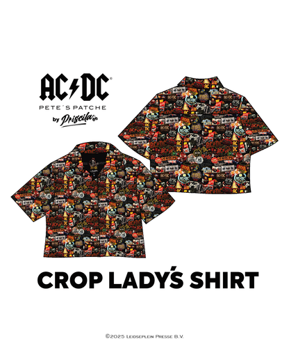 Visualization of a high-quality crop top from AC/DC. It is printed with many AC/DC patches. Not cheap merchandise, but high quality. 
