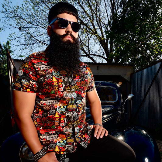 A rocker wears a high-quality shirt from AC/DC. It is printed with many AC/DC patches. Not cheap merchandise, but high quality. 