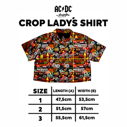 Size chart for a high-quality crop top from AC/DC. It is printed with lots of AC/DC patches. Not cheap merchandise, but high quality. 