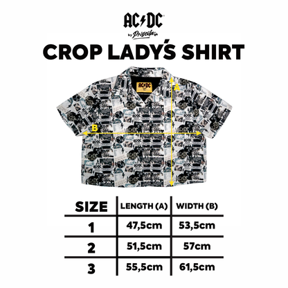 Size chart for a high-quality crop top from AC/DC Rock or Bust. Not cheap merchandise, but high quality. 