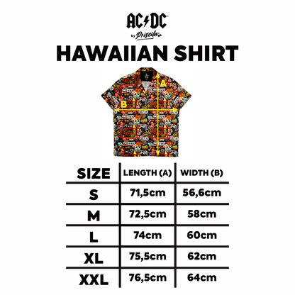 Size chart for a high-quality shirt from AC/DC. It is printed with lots of AC/DC patches. Not cheap merchandise, but high quality. 