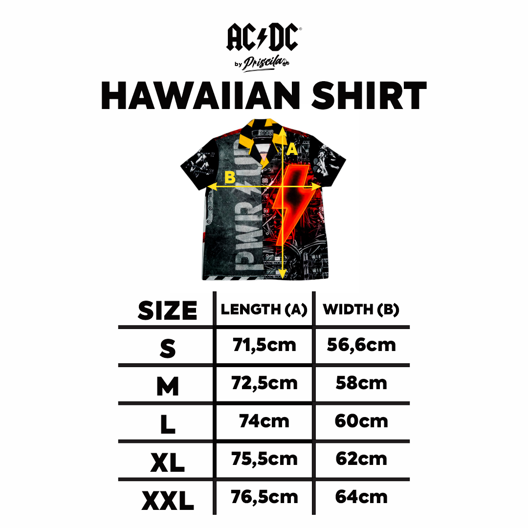 Size chart for a high-quality shirt from AC/DC. This one is printed in PWR/UP style. Not cheap merch, but high quality. 